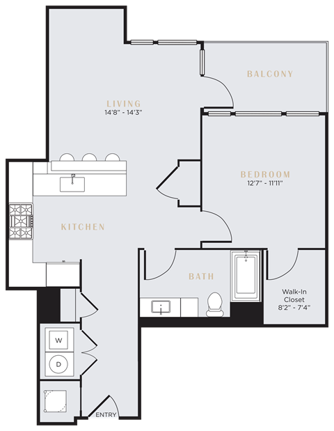 Floor plan for 1 bed, 1 bath, 870 sqft